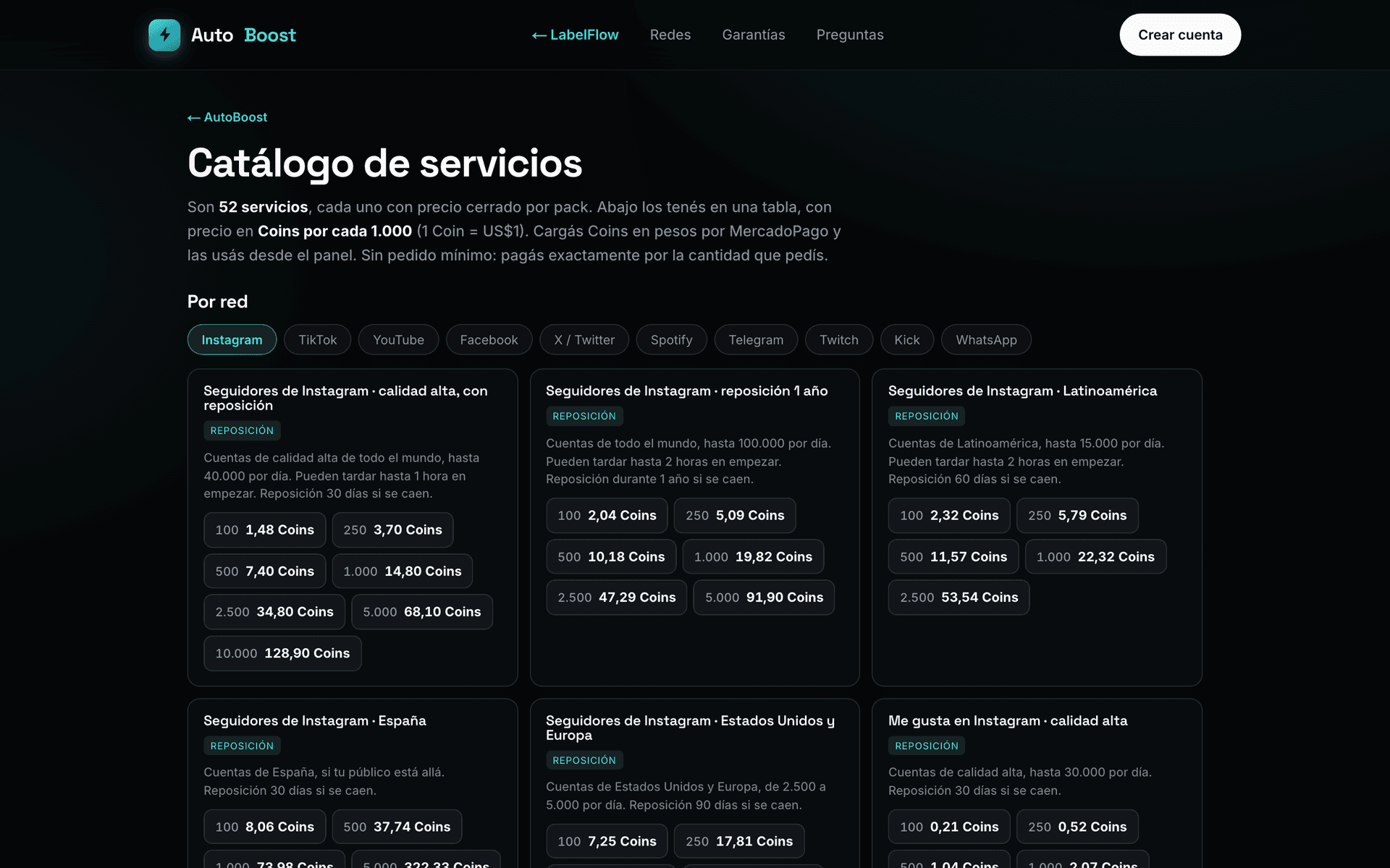 Catálogo público de AutoBoost: servicios por red social con el precio de cada uno a la vista
