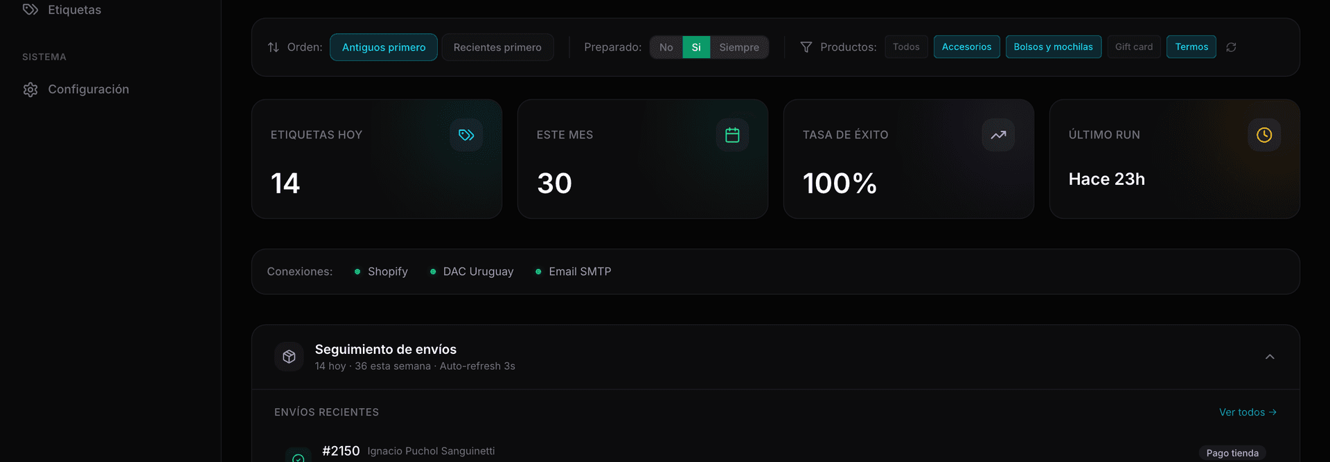Panel de control de AutoEnvía: pedidos pagos para ejecutar, etiquetas del día y conexiones activas con Shopify y DAC